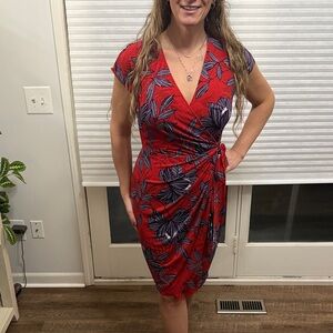 Maggy London Red Midi Dress with Purple Floral Pattern